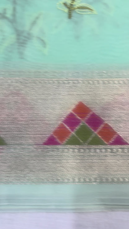 Banarasi Light Green Kora with Rose Chikankari Embroidery Work - Designer Party Wear