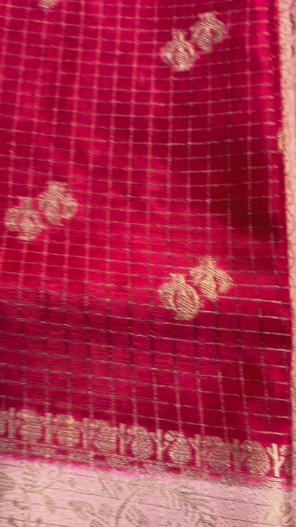 Red & Peach Banarasi Russian Silk Saree in Checkered pattern with Small Floral Butta in Contrast Border- Traditional Wear