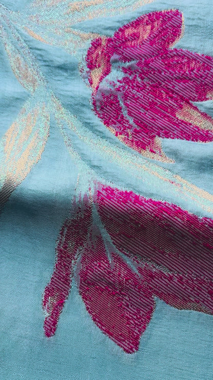 Sky Blue Banarasi Pure Mashru Silk Saree with Multicolour floral weaving - Designer Party wear