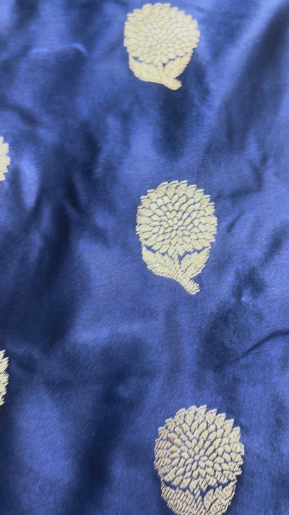 Indigo Banarasi Mashru Silk Saree with Silver Flower Butta Pattern with Contrast Border - Traditional Wear
