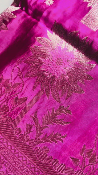 Onion Pink Banarasi Pure Mashru Silk Saree, Designer Ethnic Wear