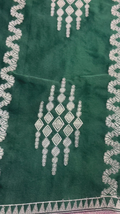 Dark Green Banarasi Mashru Silk Saree with Vertical Silver Pattern with Contrast Border - Traditional Wear