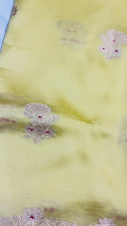Lemon Yellow and Pink Pure Chiniya Silk with Double Zari Contrast Border - Traditional Wear