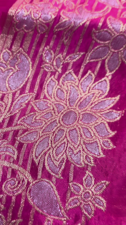 Metallic Pink Banarasi Pure Mashru Silk Saree with Silver leaf Pattern - Designer Party Wear