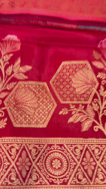 Bight Red Banarasi Pure Mashru Silk with Hexagon shaped Flower Motifs - Designer Party Wear