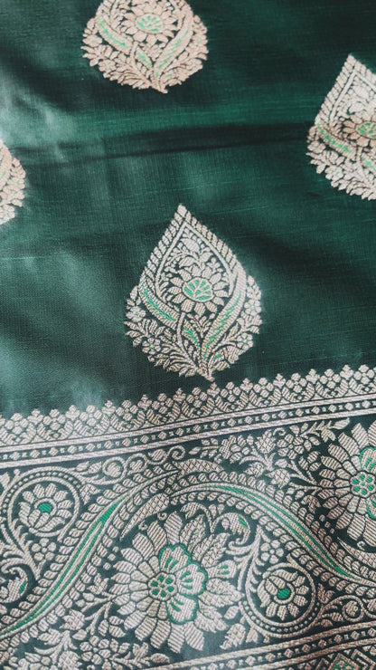 Dark Green Banarasi Pure Mashru Katan Silk with Big Silver Butta - Designer Traditional wear