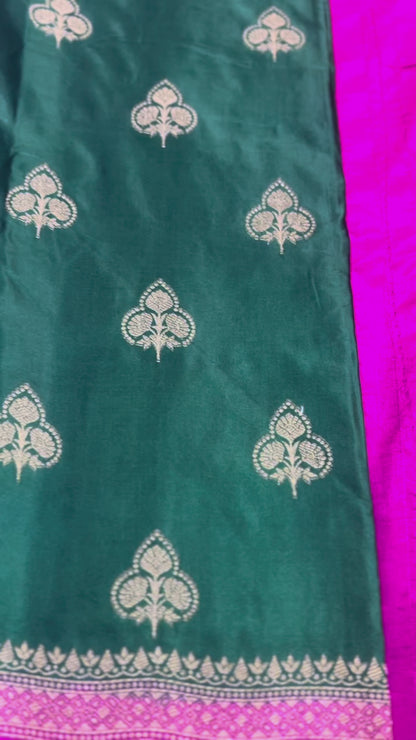 Dark Green Banarasi Mashru Silk Saree with Gold Floral Patterns with Contrast Border - Traditional Wear