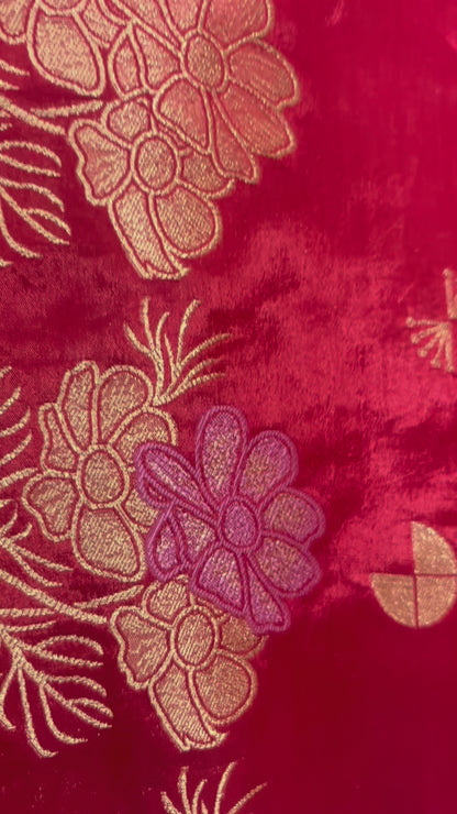 Red Banarasi Pure Mashru Silk with Golden Rose Weaving Pallu - Designer Party Wear