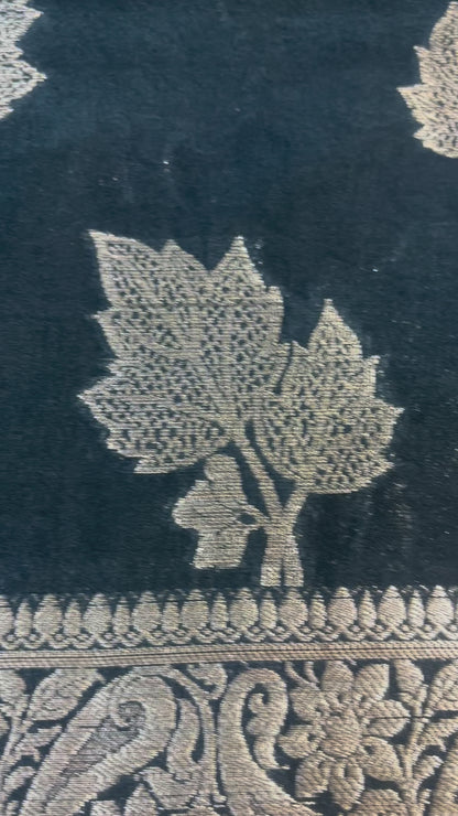 Dark Blue Banarasi Raw Silk, Traditional Wear with Silver Leaf Patterned Weaving