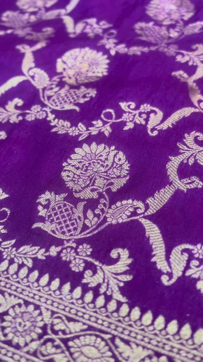 Purple Banarasi Mashru Satin Silk Saree with Water Zari Weaving- Designer Ethnic Wear