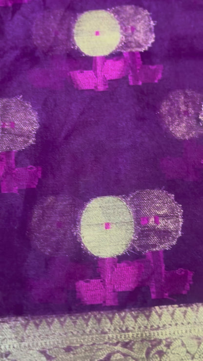 Dark Purple Banarasi Kora Organza Silk with Gold & Pink Meena Butta Saree - Designer Party Wear
