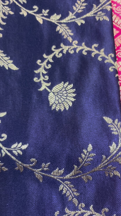 Navy Blue Banarasi Mashru Silk Saree with Gold Jaal Patterns with Contrast Border - Traditional Wear
