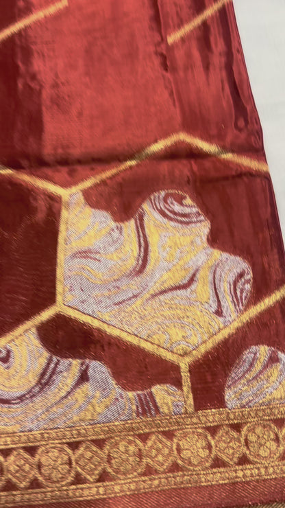 Brown Banarasi Pure Mashru Silk with Sonarupa Geometrical Pattern- Designer Party Wear