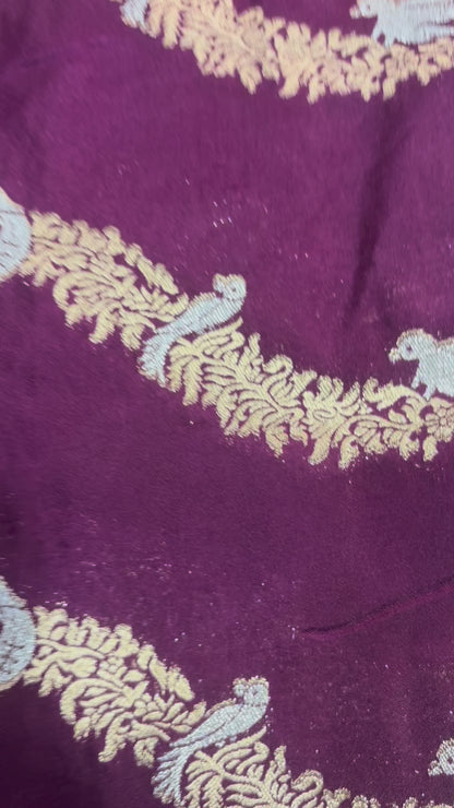 Wine Banarasi Mashru Silk Saree with Gold Wavy lines pattern with Flamingo Motifs Border - Designer Party Wear