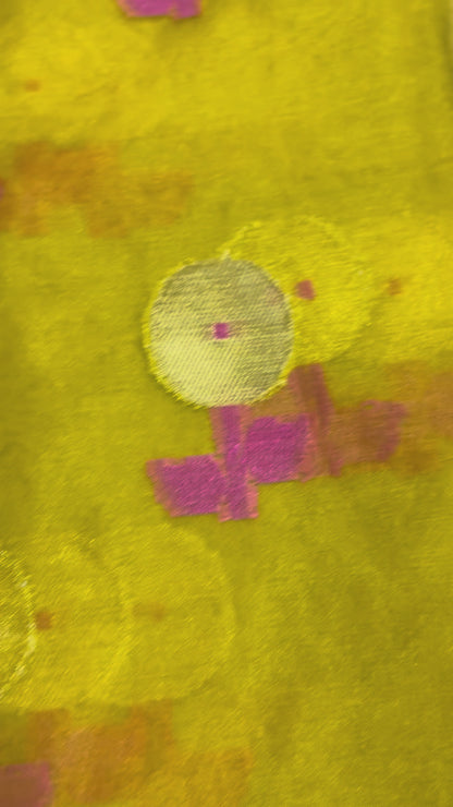 Mustard Yellow Banarasi Kora Organza Silk with Gold & Pink Meena Butta Saree - Designer Party Wear