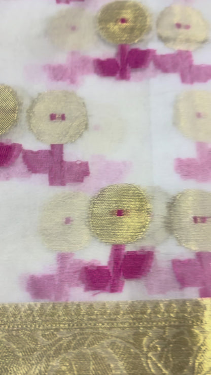 White Banarasi Kora Organza Silk with Gold & Pink Meena Butta Saree - Designer Party Wear