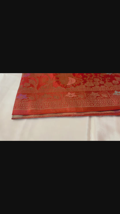 Orange Banarasi Pure Mashru Silk with Sona Rupa Flower Motifs - Designer Party Wear
