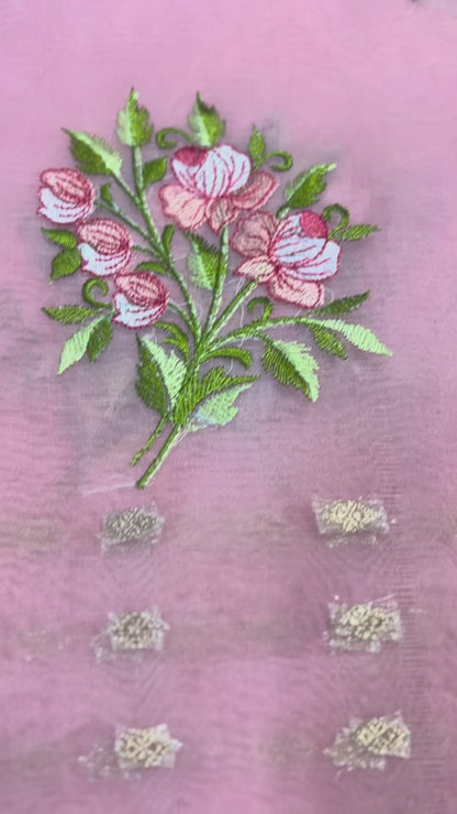 Peach Banarasi Kora with Floral Chikankari Embroidery Work & Parsi Butta Border - Designer Party Wear