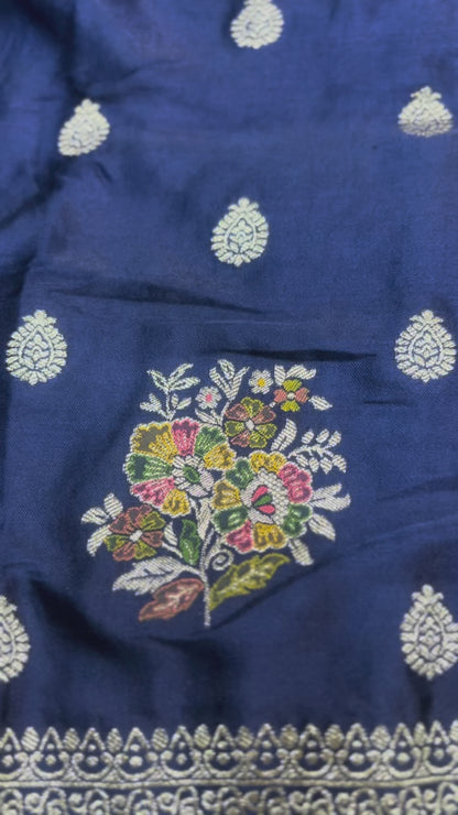 Navy Blue Banarasi Crape Silk Saree with Meenakari Floral Design with Rich Pallu - Designer Traditional wear