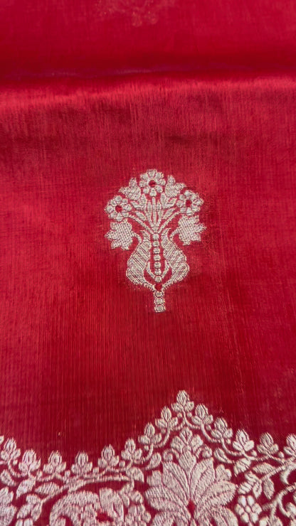 Bright Red Pure Chiniya Silk with Silver Floral Pattern with Contrast Border- Traditional Wear