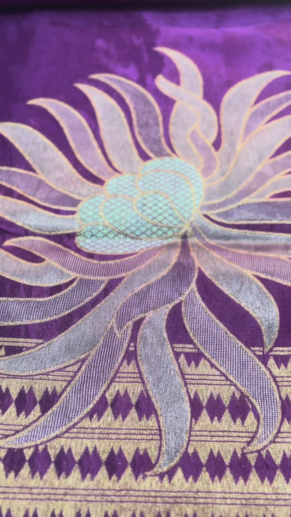 Purple Banarasi Pure Mashru Silk with Gold Sun-like pattern  - Designer Party Wear
