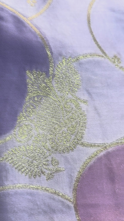 Lavender Banarasi Russian Silk Saree with Gold Circular shaped Rangkat weaving with Golden Leaf  Border- Designer Party Wear