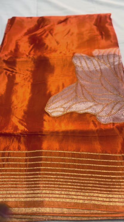 Metallic Orange Banarasi Pure Mashru Silk Saree with Silver Leaf Pattern - Designer Party wear