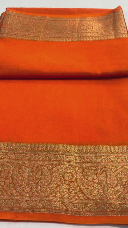 Orange Banarasi Crape Silk Saree with Gold Zari Border - Traditional Wear