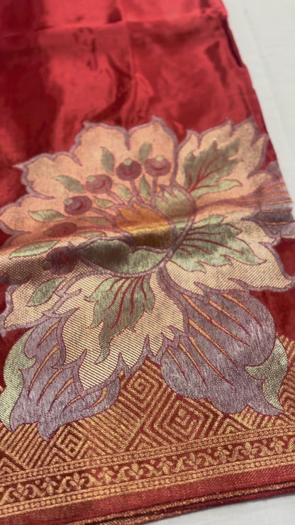 Brown Banarasi Pure Mashru Silk with Gold & Silver Big Floral Pattern- Designer Party Wear