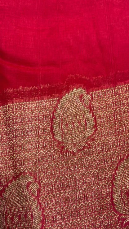 Bright Red Banarasi Tussar Matka Silk Saree with Copper Zari Mango Weaving - Traditional Wear