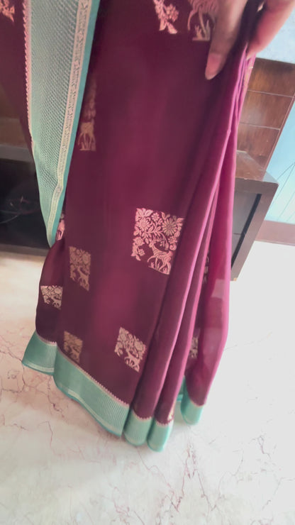 Brown Chinon Silk - Checkered Satin Border