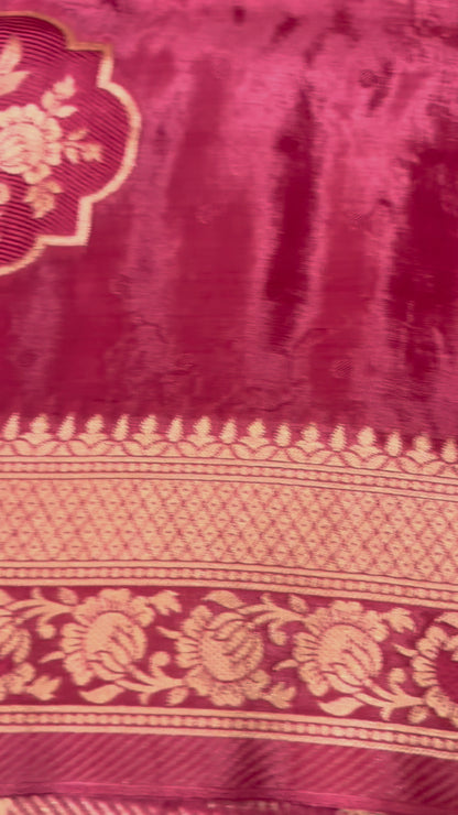 Onion Pink Banarasi Pure Mashru Silk with Tanchui Weaving & Floral pattern - Designer Ethnic Wear