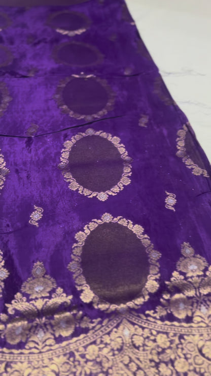 Dark Purple Banarasi Pure Mashru Silk with gold circular pattern- Designer Party Wear