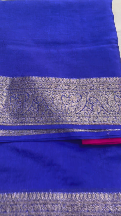 Royal Blue Banarasi Crape Silk Saree with Copper Zari Border -  Designer Traditional wear