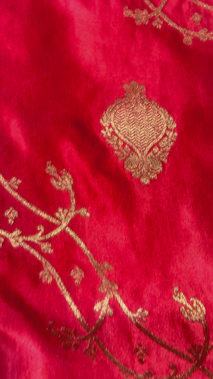 Red Banarasi Mashru Silk Saree with Gold Jaal Patterns - Traditional Wear