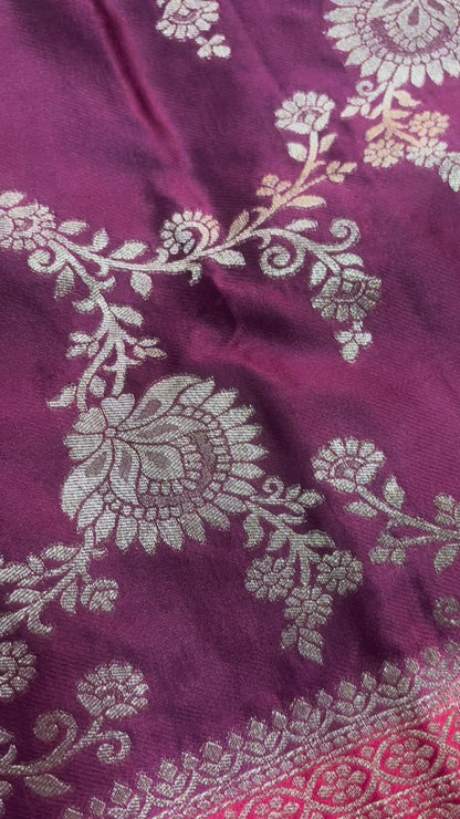 Maroon Banarasi Mashru Silk Saree with Gold Jaal Patterns with Contrast Border - Traditional Wear