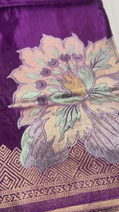 Purple Banarasi Pure Mashru Silk with Gold & Silver Big Floral Pattern- Designer Party Wear